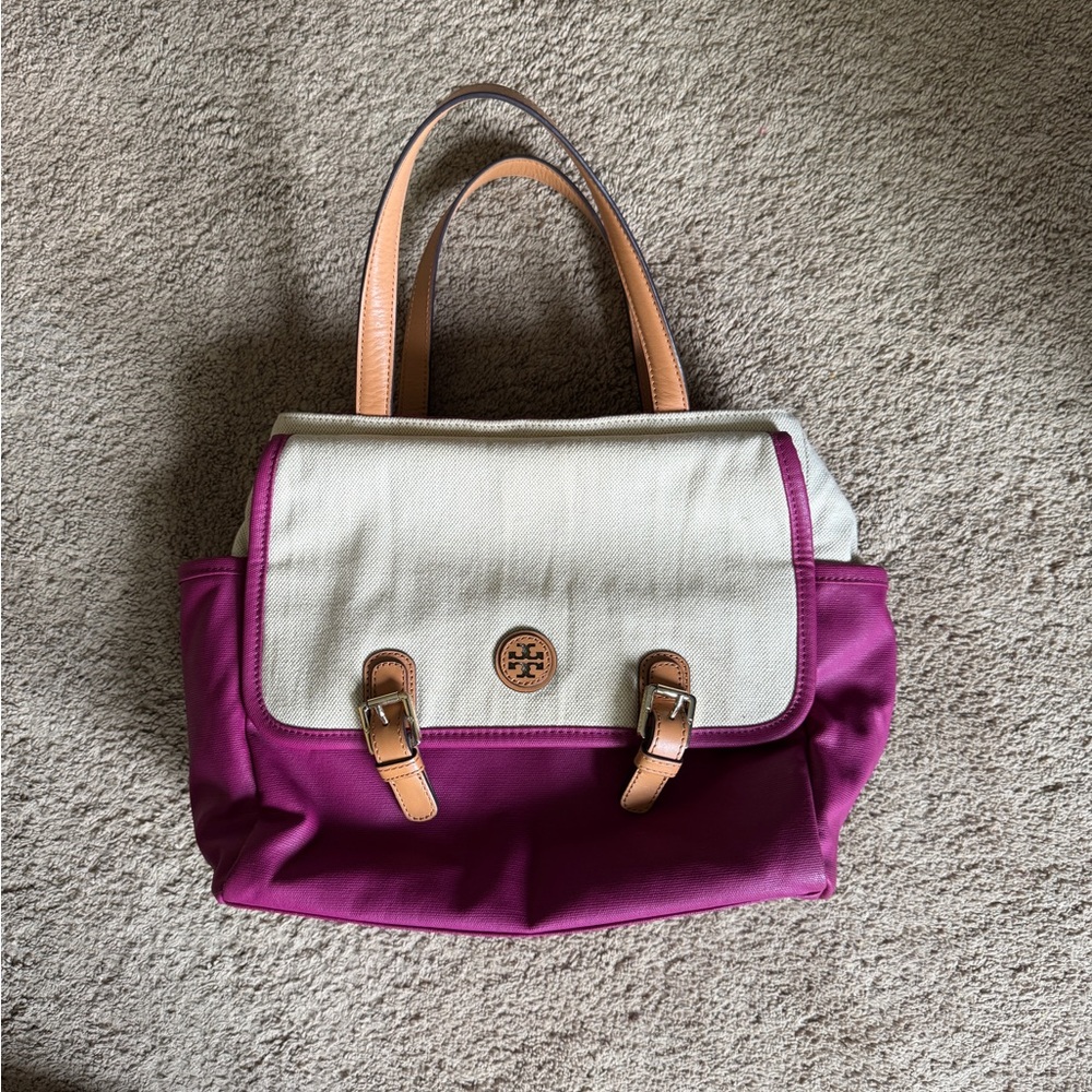 Authentic Tory Burch Fushia and Cream Pierson Mini Tote with Gold Hardware